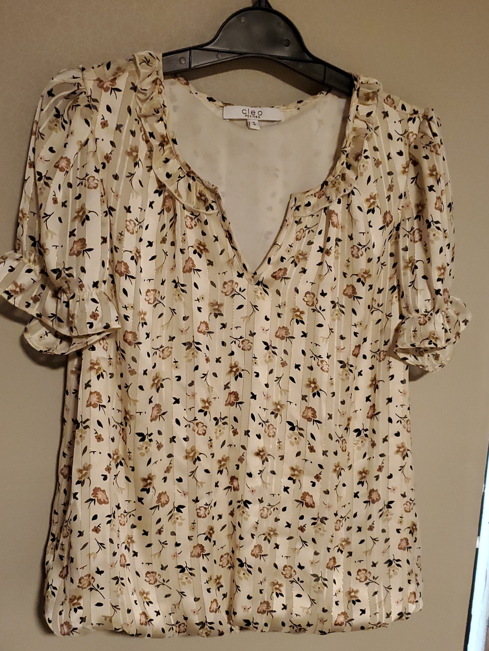 Cleo Petites Floral Blouse Cream & Brown Medium Like New